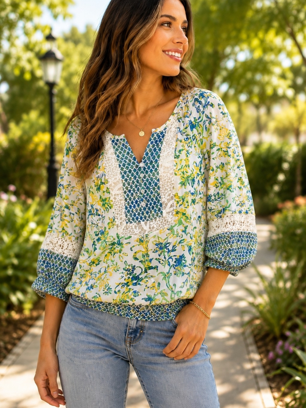 Multiples Floral Lace-Trim Peasant Top in Blue & Yellow